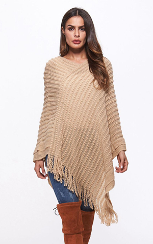 SZ60183-2 Loose Style Tassels Knit Irregular Cloak Sweater